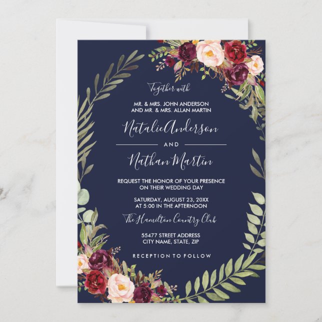 Convites Coroa Floral Aquarela Burgundy Navy Casamento (Frente)