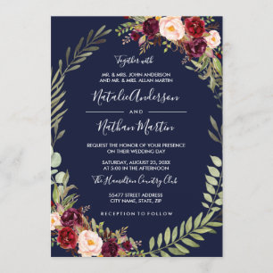 Convites Coroa Floral Aquarela Burgundy Navy Casamento