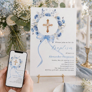 Convites Coroa floral azul arco menino batismo