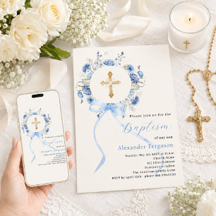 Convites Coroa floral azul arco menino creme batismo