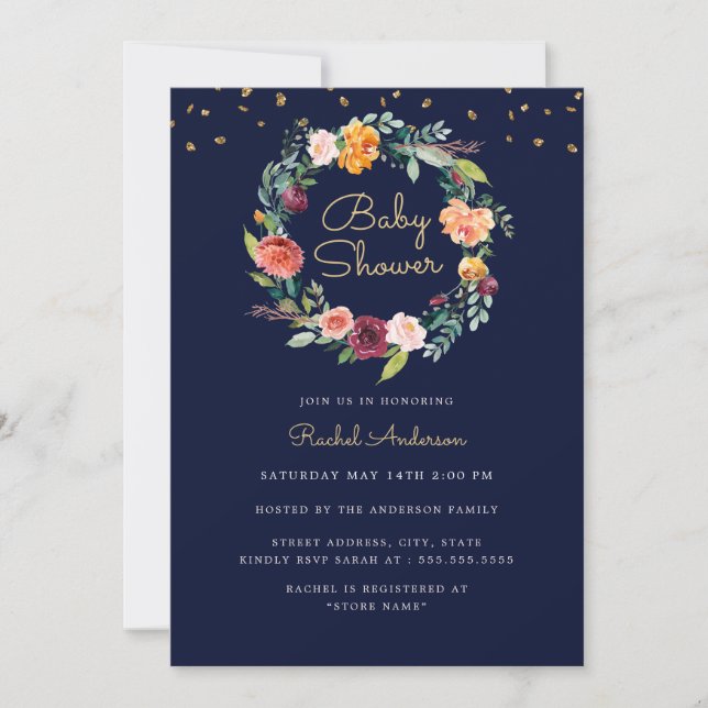 Convites Coroa Floral Azul Bebê Dourado Churrasco de Bebê (Frente)