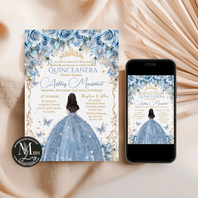 Convites Coroa Floral Azul Bebê e Dourada Quinceañera (Criador carregado)