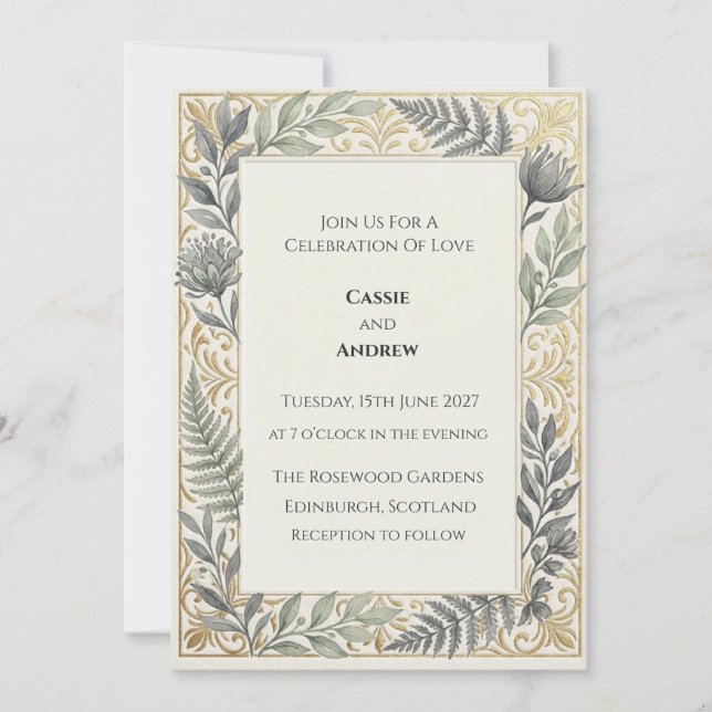 Convites Coroa Floral Azul Dourado Casamento (Frente)