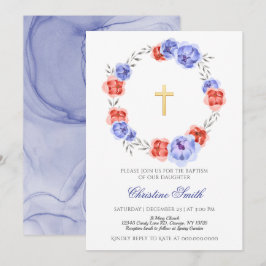 Convites Coroa Floral Azul e Vermelha Batismo Menina Menino