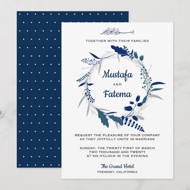 Convites Coroa Floral Azul Elegante Casamento Islâmico (Frente/Verso)