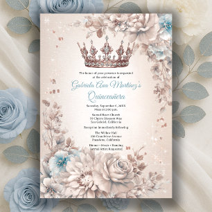 Convites Coroa Floral Azul Prata Quinceañera