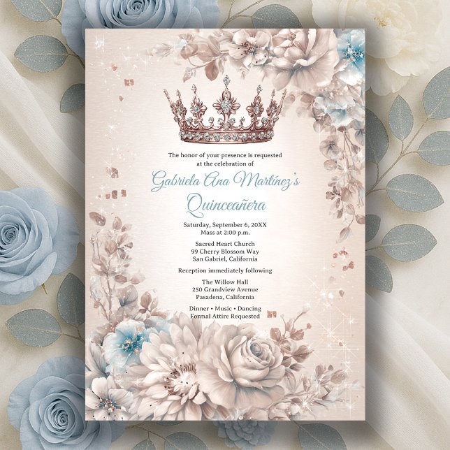 Convites Coroa Floral Azul Prata Quinceañera (Blue Silver Crown Floral Quinceañera Invitation
)