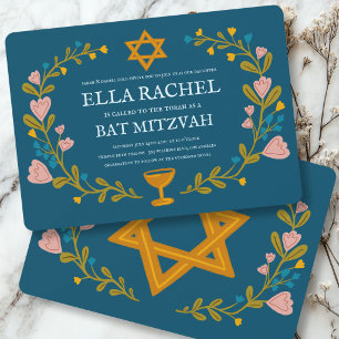 Convites Coroa Floral Bat Mitzvah Desenhada à Mão Personali