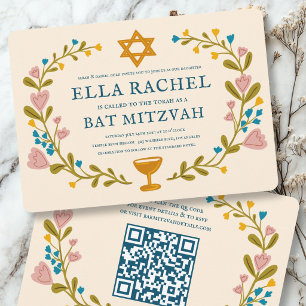 Convites Coroa Floral Bat Mitzvah QRcode personalizado dese