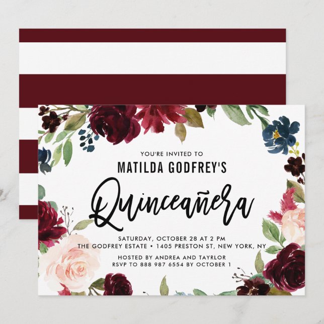 Convites Coroa Floral Boho Borgonha Quinceañera Outono (Frente/Verso)