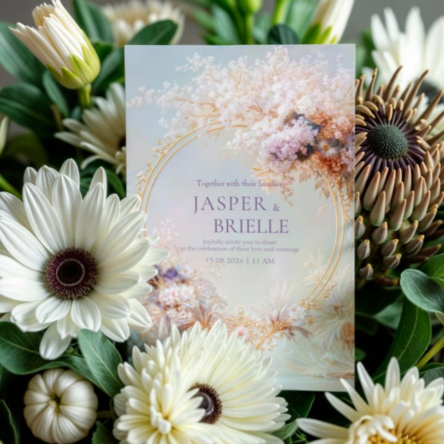 Convites Coroa Floral Boho Moldura Dourada Casamento Elegan (Criador carregado)