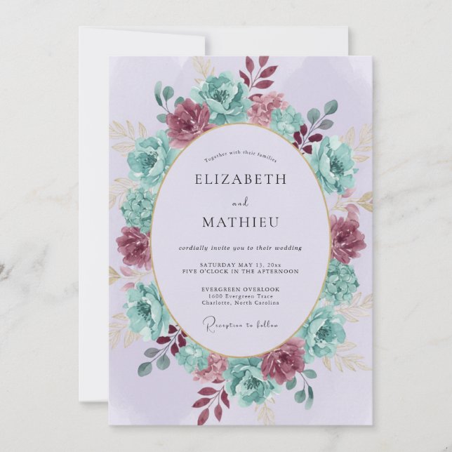 Convites Coroa Floral Borgonha Turquesa Casamento (Frente)