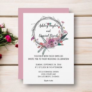 Convites Coroa floral botânica rosa elegante para casamento