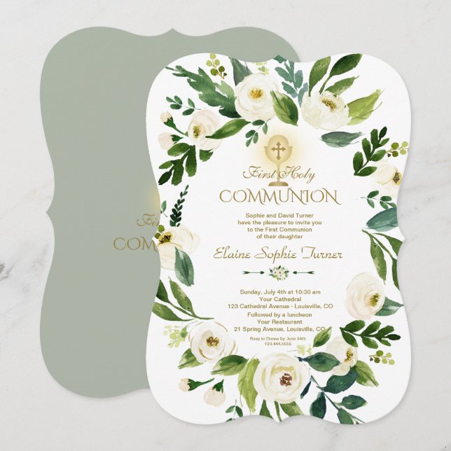 Convites Coroa Floral Branca Encantadora Cruz Sagrada Comun (Frente/Verso)