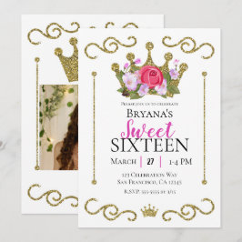 Convites Coroa Floral Brilho Dourado Foto Festa Sweet 16