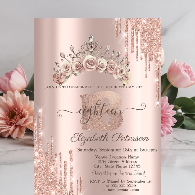 Convites Coroa Floral Brilho Gotas Dourado Rosa 18º  (Criador carregado)