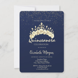 Convites Coroa Floral Chic Azul Marinho Dourado Quinceañera