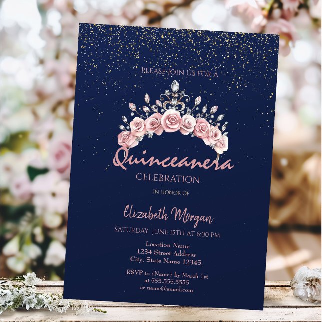 Convites Coroa Floral Chic Azul Marinho Quinceañera (Criador carregado)