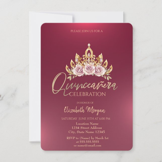 Convites Coroa Floral Chic Burgundy Quinceañera (Frente)