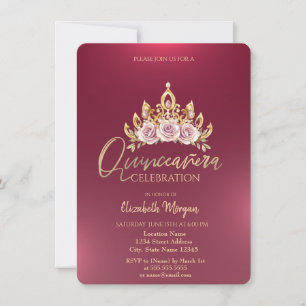 Convites Coroa Floral Chic Burgundy Quinceañera
