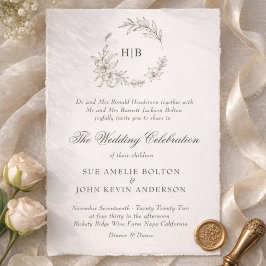 Convites Coroa Floral Clássica com Monograma de Casamento