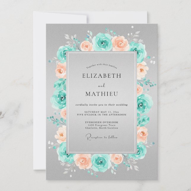 Convites Coroa Floral Coral Teal Casamento (Frente)