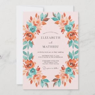 Convites Coroa Floral Coral Turquesa Casamento