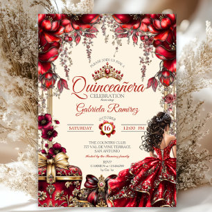 Convites Coroa Floral Creme e Vermelho Dourado Quinceañera