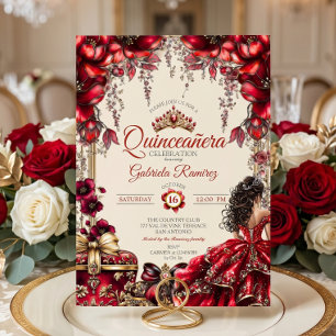 Convites Coroa Floral Creme e Vermelho Dourado Quinceañera