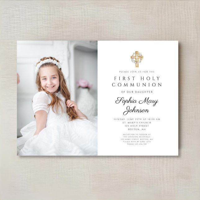 Convites Coroa Floral Cruz Foto Menina Primeira Comunhão (Floral Wreath Cross Photo Girl First Communion Invitation)