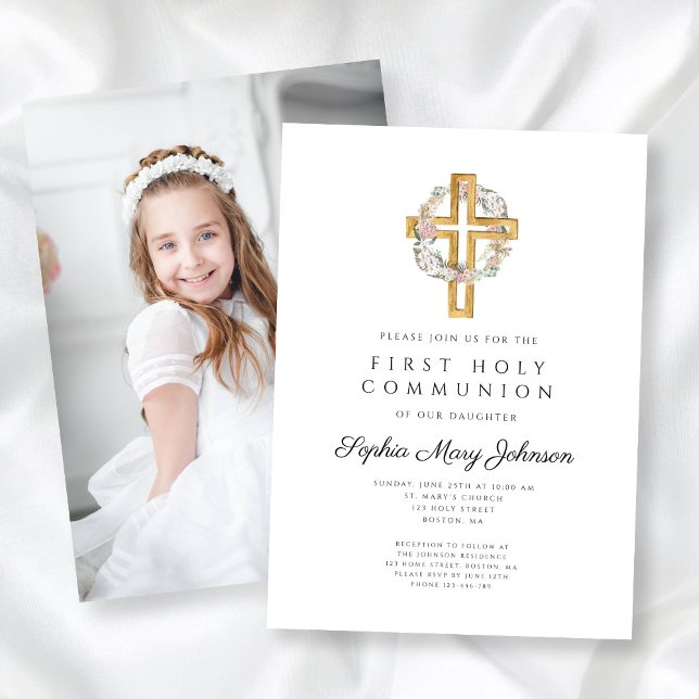 Convites Coroa Floral Cruz Foto Menina Primeira Comunhão (Floral Wreath Cross Photo Girl First Communion Invitation)