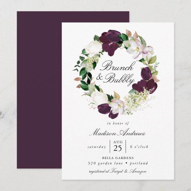 Convites Coroa Floral de Ameixa Escura | Brunch e Bolhas (Frente/Verso)