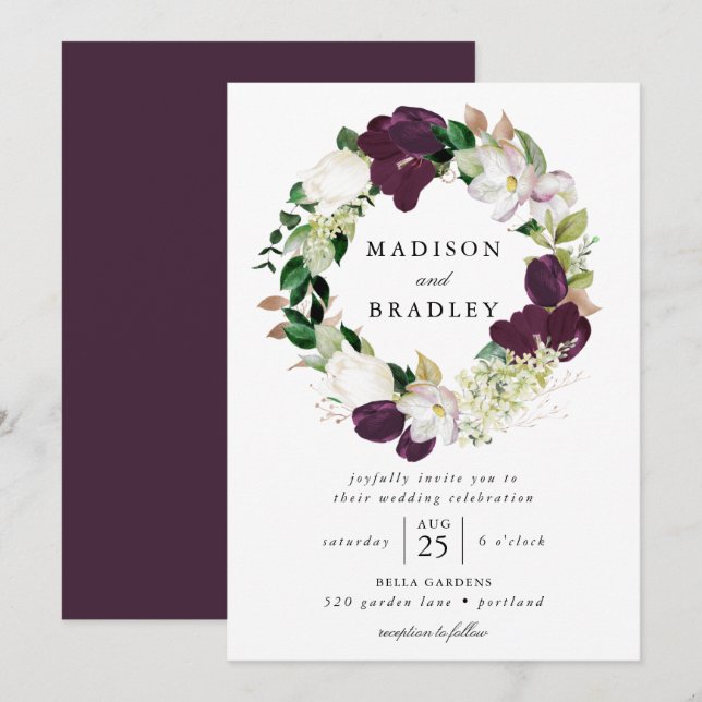 Convites Coroa Floral de Ameixa Escura | Casamento (Frente/Verso)