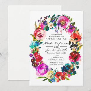 Convites Coroa Floral de Aquarela de Cores Intensas Casamen