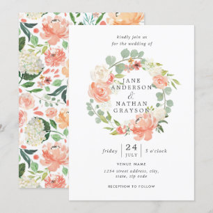 Convites Coroa Floral de Aquarela em Tom de Pêssego Rosado