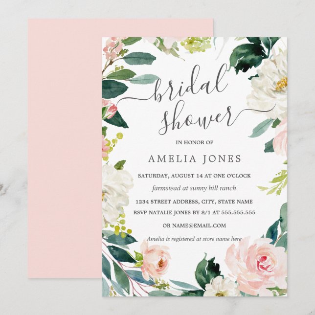 Convites Coroa Floral de Aquarela Moderna para Chá de Noiva (Frente/Verso)