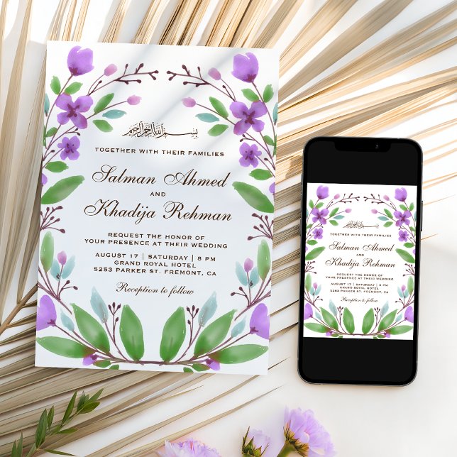 Convites Coroa Floral de Aquarela Roxa Casamento Islâmico (Criador carregado)