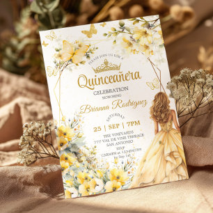 Convites Coroa Floral de Borboleta Tiara Dourada Amarela Qu