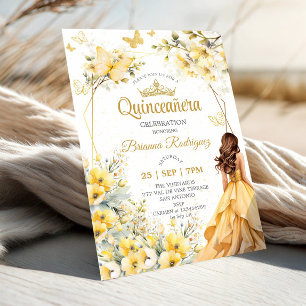 Convites Coroa Floral de Borboleta Tiara Dourada Amarela Qu