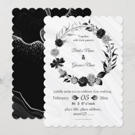 Convites coroa floral de casamento em cinza prata e preto