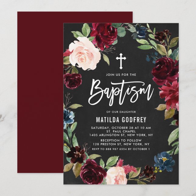 Convites Coroa Floral de Giz Burgundy Boho Batismo (Frente/Verso)