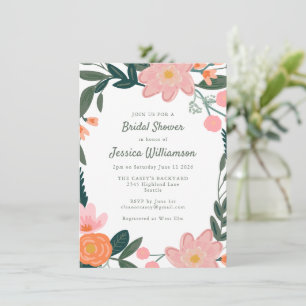 Convites Coroa Floral de Jardim Rosa e Laranja Chá de Noiva