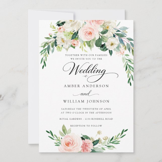 Convites Coroa Floral de Marfim Rosa Elegante Casamento  (Frente)