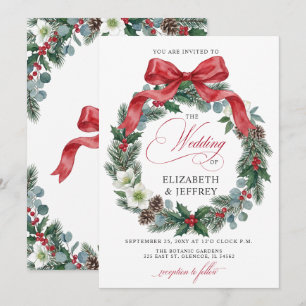 Convites Coroa Floral de Natal de Inverno com Laço Vermelho