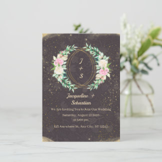 Convites Coroa Floral de Noiva com Brilho Dourado
