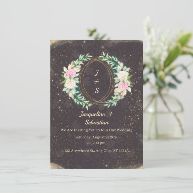 Convites Coroa Floral de Noiva com Brilho Dourado (Em pé/Frente)