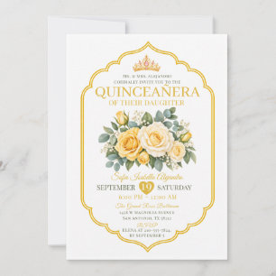 Convites Coroa Floral de Ouro Amarelo QuinceañeraPrincesa