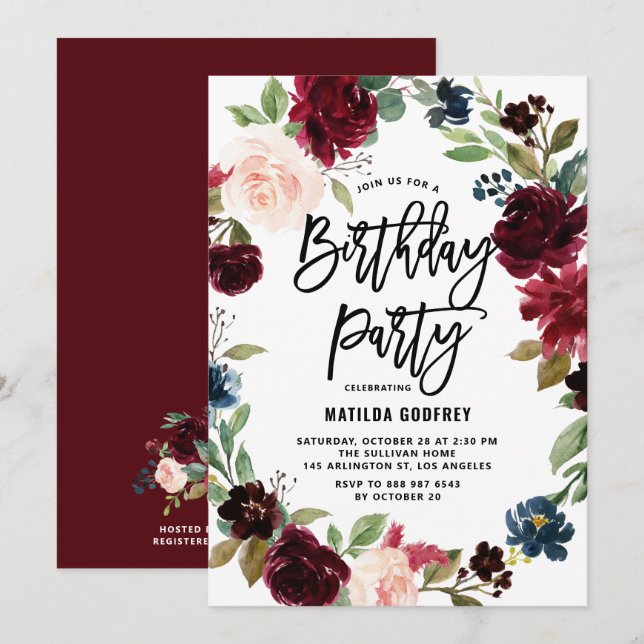 Convites Coroa Floral de Outono em Aquarela Boho Aniversári (Frente/Verso)