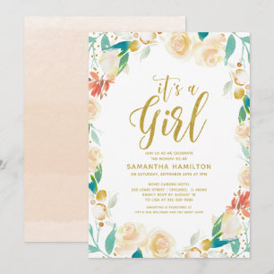 Convites Coroa Floral de Pêssego Dourado Menina Chá de Bebê