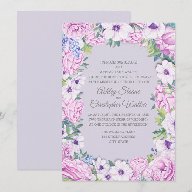 Convites Coroa Floral de Ranúnculo Roxo Anemone Casamento (Frente/Verso)